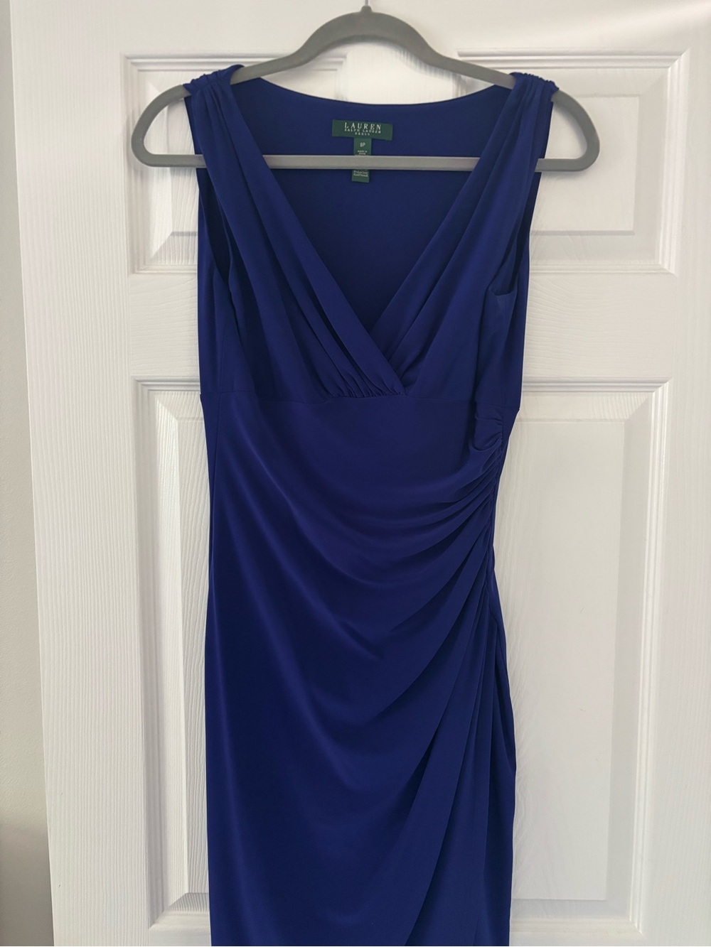 Ralph Lauren Sleeveless V-Neck Royal Blue Draped Midi Dress